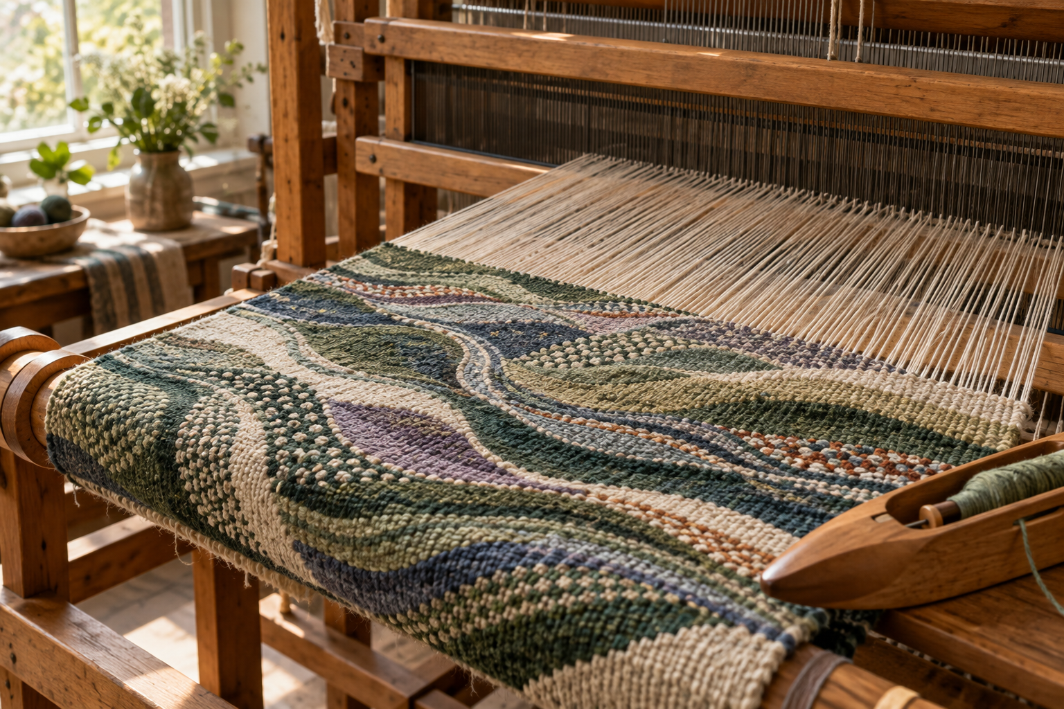 A wooden loom with a partially woven pattern of rivers and hills in green, blue, violet, and cream, with individual warp threads still exposed.