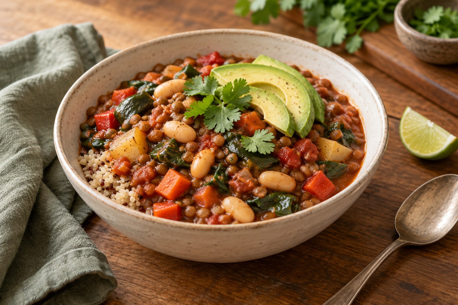 AI-created illustration of lentil and white bean chili over quinoa, topped with avocado and cilantro, with lime alongside.
